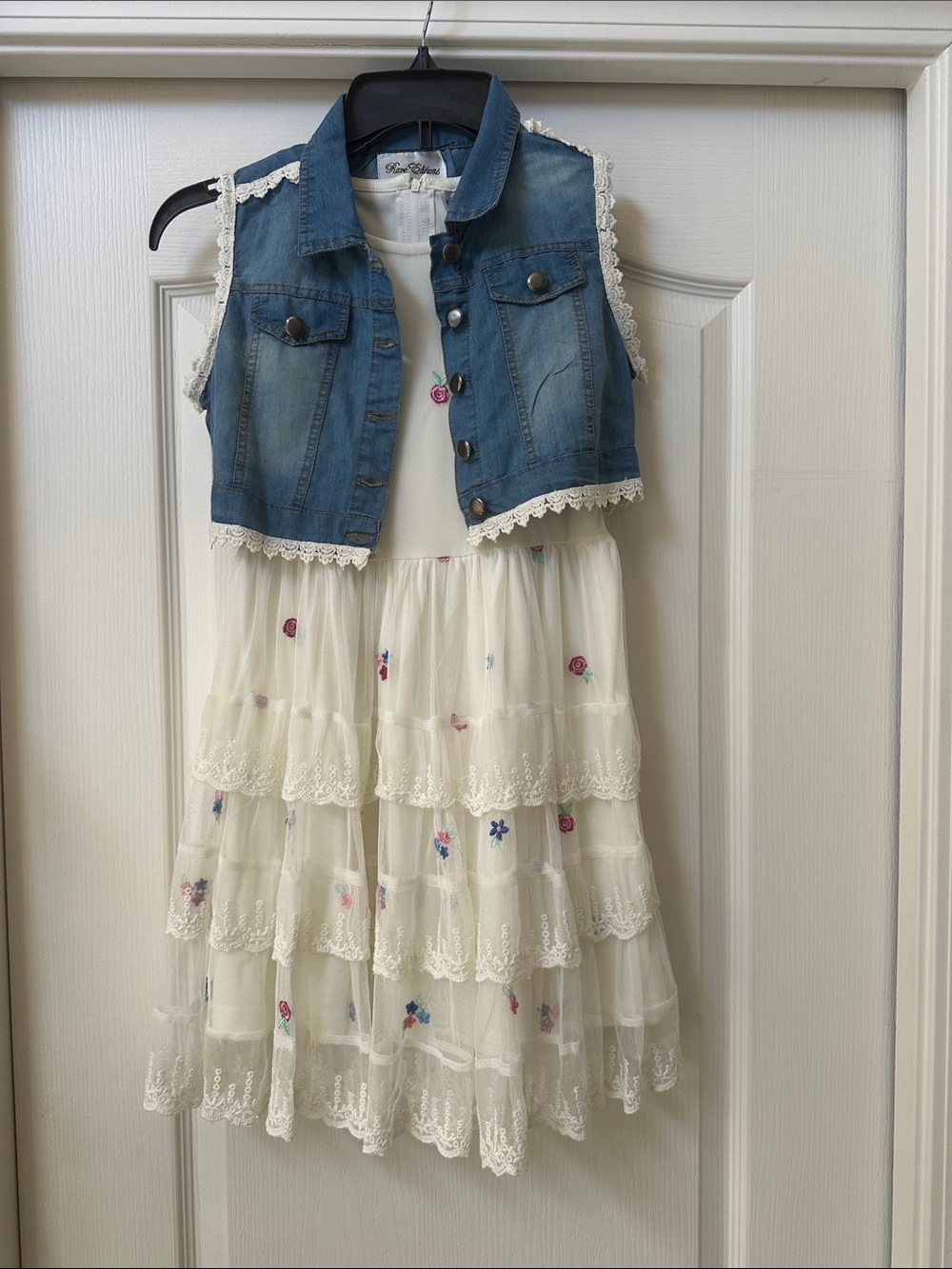 New without tags- Rare Editions Cream Lace Tiered Dress with Blue Denim Vest